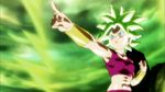  1girl abs anime aqua_eyes caulifla dragon_ball dragon_ball_super earrings female fusion green_hair kale_(dragon_ball) kefla muscles navel pants pointing potara_earrings red_pants red_shirt saiyan screencap shirt spiky_hair stomach wristband 