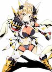  armor bike_shorts bodysuit breasts brown_hair clenched_hands gauntlets hair_ornament highres large_breasts nagayori navel_cutout orange_eyes power_suit scarf senki_zesshou_symphogear short_hair simple_background solo tachibana_hibiki_(symphogear) 