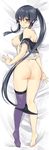  ass bed_sheet black_hair blush breasts dakimakura feet full_body ichinomiya_(blantte) jewelry kantai_collection long_hair looking_at_viewer looking_back lying medium_breasts nipples no_panties off_shoulder on_bed on_stomach open_clothes parted_lips ponytail purple_legwear red_eyes ring single_thighhigh soles solo thighhighs very_long_hair wedding_band yahagi_(kantai_collection) 