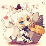  american_flag animal_ear_fluff animal_ears azur_lane blue_eyes cat_ears chibi commentary_request dress eating frilled_dress frills hammann_(azur_lane) long_hair looking_at_viewer muuran signature simple_background solo stargazy_pie white_hair 