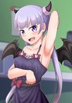  :d arm_behind_head armpits bangs blue_dress blunt_bangs blush breast_hold breasts can31293274 covered_nipples demon_horns demon_wings dress fang highres horns long_hair looking_at_viewer new_game! open_mouth purple_eyes purple_hair small_breasts smile solo strap_slip suzukaze_aoba twintails very_long_hair wings 