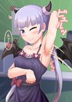  arm_behind_head armpits bangs blue_dress blunt_bangs blush breasts can31293274 covered_nipples cum demon_horns demon_wings dress ejaculation emphasis_lines highres horns long_hair looking_at_viewer new_game! purple_eyes purple_hair small_breasts smile solo strap_slip suzukaze_aoba translation_request twintails very_long_hair wince wings 