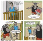  anthro beard clothed clothing comic dialogue donkey duo english_text equine facial_hair hat inside male mammal mature_male open_mouth shirt snoopjay2 standing tank_top text 