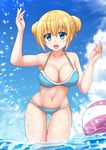  :d ass_visible_through_thighs ball beachball bikini blend_s blonde_hair blue_bikini blue_eyes blue_sky breasts cleavage cloud cloudy_sky collarbone commentary day double_bun groin highres hinata_kaho kazenokaze large_breasts long_hair looking_at_viewer navel ocean open_mouth shallow_water sky smile solo swimsuit thigh_gap 