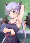  arm_behind_head armpits bangs blue_dress blunt_bangs blush breast_hold breasts can31293274 covered_nipples cum cum_on_body cum_on_hair cum_on_upper_body demon_horns demon_wings dress heart highres horns long_hair looking_at_viewer new_game! purple_eyes purple_hair small_breasts smile solo strap_slip suzukaze_aoba translation_request twintails very_long_hair wince wings 