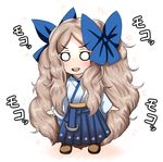  :d absurdly_long_hair alternate_hair_length alternate_hairstyle asakaze_(kantai_collection) chibi commentary_request curly_hair hair_ribbon kantai_collection long_hair looking_at_viewer meiji_schoolgirl_uniform open_mouth ribbon silver_hair smile solo tk8d32 translation_request very_long_hair 