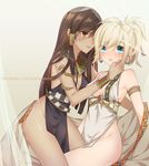  2girls alternate_costume armlet beige_background black_dress blanket blonde_hair blue_eyes blush bracer braid breasts brown_eyes brown_hair chinese_commentary cleavage collarbone commentary_request couple cowboy_shot dark-skinned_female dark_skin dress earrings egyptian egyptian_clothes eye_of_horus eyes_visible_through_hair facial_mark facial_tattoo gradient_background hair_tubes hand_on_another's_cheek hand_on_another's_face high_ponytail highres hoop_earrings jewelry kaoruru_(sakuno2911) kneeling leaning_forward long_hair looking_at_another looking_at_viewer medium_breasts mercy_(overwatch) multiple_girls no_panties no_wings open_mouth overwatch overwatch_1 parted_lips pelvic_curtain pharah_(overwatch) pink_lips short_hair side_braids sleeveless sleeveless_dress smile tattoo tears watermark web_address white_dress yuri 