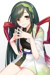  ayamori_mimi bangs bow dark_green_hair fingers_together green_hair green_hairband grin hairband highres japanese_clothes kimono large_bow long_hair looking_at_viewer muneate pea_pod sash short_kimono short_yukata simple_background sitting smile solo touhoku_zunko very_long_hair vocaloid voiceroid white_background yellow_eyes yukata 