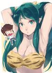  1girl adjusting_hair animal_print armpits arms_up bikini_top blue_eyes breasts brown_hair chibi cleavage closed_mouth denizen_tomo green_eyes green_hair horns large_breasts long_hair looking_at_viewer lum moroboshi_ataru open_mouth simple_background upper_body urusei_yatsura white_background 