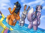  2017 beach bikini bikini_top blue_hair blush bottomless breasts buckteeth butt canine carmelita_fox clothed clothing cloud disney female fox fur grey_fur hair heresy_(artist) judy_hopps lagomorph looking_back lupe_the_wolf mammal open_mouth rabbit sea seaside side_boob sky sly_cooper_(series) sonic_(series) staff swimsuit teeth video_games water wolf zootopia 