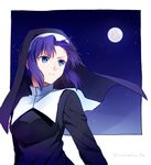  akanasu artist_name bangs blue_eyes blue_hair border capelet cassock ciel closed_mouth eyebrows_visible_through_hair floating_hair full_moon long_sleeves looking_away looking_to_the_side moon night serious short_hair sidelocks sky solo star_(sky) starry_sky tsukihime upper_body veil wind wind_lift 