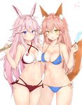  :d animal_ears ass_visible_through_thighs benghuai_xueyuan blush breast_press breasts bunny_ears cleavage closed_mouth collarbone cowboy_shot eyebrows_visible_through_hair fang fate/grand_order fate_(series) food fox_ears fox_tail groin highres honkai_impact large_breasts long_hair looking_at_viewer multiple_girls navel open_mouth pink_hair popsicle purple_eyes simple_background smile swimsuit symmetrical_docking tail tamamo_(fate)_(all) tamamo_no_mae_(fate) very_long_hair white_background yae_sakura_(benghuai_xueyuan) yddsb123 yellow_eyes 