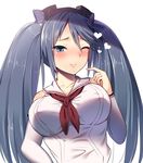  ;) ayagi_daifuku blue_eyes blue_hair blush breasts closed_mouth collarbone covered_nipples detached_sleeves hand_up heart isuzu_(kantai_collection) kantai_collection large_breasts lips long_hair long_sleeves looking_at_viewer neckerchief one_eye_closed red_neckwear shiny shiny_hair shirt simple_background sketch smile solo twintails upper_body very_long_hair white_background white_shirt 