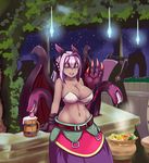  1girl ballista_(sekaiju) beer beer_mug belt breasts cleavage collarbone cosplay dark_skin dragon_girl dragon_wings extra_mouth eyes_closed hair_between_eyes highres jabberwock_(monster_girl_encyclopedia) large_breasts midriff monster_girl monster_girl_encyclopedia multicolored_hair nav navel purple_hair sekaiju_no_meikyuu sekaiju_no_meikyuu_3 solo teeth tentacle tongue wings 