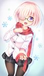  bad_anatomy black_legwear black_skirt blush breasts eyebrows_visible_through_hair fate/grand_order fate_(series) glasses hair_over_one_eye highres looking_at_viewer mash_kyrielight medium_breasts open_mouth pantyhose pink_hair purple_eyes red_scarf scarf short_hair skirt smile solo umitonakai 