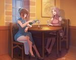  alcohol arm_warmers artist_name blue_dress bottle brown_footwear brown_hair bun_cover chair crossed_legs dress earrings grey_hair high_heels indoors jewelry multiple_girls original painting_(object) sitting table thighhighs ttmary white_footwear window wine wine_bottle wooden_floor 