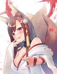  akagi_(azur_lane) animal_ear_fluff animal_ears asymmetrical_bangs azur_lane bangs bare_shoulders blush breasts brown_hair collarbone commentary_request finger_to_mouth fox_ears fox_tail hair_ornament hands_up highres japanese_clothes kimono kitsune large_breasts long_hair looking_at_viewer multiple_tails parted_lips red_eyes shirako_sei sidelocks smile solo tail upper_body white_kimono wide_sleeves 