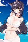  absurdres animal_ears atago_(azur_lane) azur_lane bikini black_hair blue_sky blush breast_hold breasts brown_eyes choker cleavage cloud day extra_ears heart heart-shaped_pupils highres large_breasts long_hair looking_at_viewer mole mole_under_eye navel ocean pon_(shind_997) sky smile solo swimsuit symbol-shaped_pupils white_bikini white_choker 
