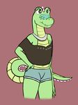  anthro clothed clothing crocodilian crocodilianbooty fangs female hi_res looking_at_viewer reptile safe_for_work sarcosuchus scales scalie shorts simple_background solo 