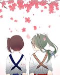  blush cherry_blossoms commentary_request facing_another facing_away flower from_behind hair_ribbon hei_hakama highres japanese_clothes kaga_(kantai_collection) kantai_collection multiple_girls petals ribbon side_ponytail tasuki twintails white_ribbon yuri zuikaku_(kantai_collection) 