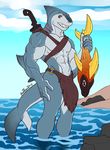  2017 abs anthro biceps biped blue_sky castbound clothed clothing cloud day detailed_background digital_media_(artwork) elbow_fin fin fish front_view gills grey_skin grey_tail head_fin hi_res holding_object loincloth looking_at_viewer male marine melee_weapon multicolored_skin multicolored_tail muscular muscular_male outside partially_submerged pecs portrait red_eyes scabbard shark sharp_teeth signature sky solo standing sword tail_fin teeth thick_tail three-quarter_portrait topless two_tone_skin two_tone_tail water weapon white_skin white_tail 