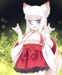  \m/ animal_ears arms_up bangs blue_eyes blunt_bangs blush bright_pupils commentary_request cowboy_shot double_\m/ eyebrows_visible_through_hair furry gradient_hair hakama_skirt japanese_clothes long_hair long_sleeves looking_at_viewer miko multicolored_hair open_mouth original red_hair sidelocks smile solo tail thick_eyebrows white_hair wolf_ears wolf_tail yuuki_(yuyuki000) 