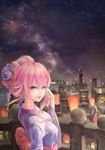  absurdres alternate_hairstyle artist_name benghuai_xueyuan blush closed_mouth eyebrows flower hair_flower hair_ornament highres looking_at_viewer nhan night outdoors pink_hair purple_eyes railing short_hair smile solo yae_sakura_(benghuai_xueyuan) 