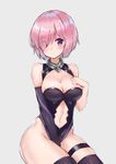  between_legs black_gloves black_leotard blush breasts closed_mouth commentary_request eyebrows_visible_through_hair eyes_visible_through_hair fate/grand_order fate_(series) gloves grey_background hair_over_one_eye hand_between_legs large_breasts leotard looking_at_viewer mash_kyrielight navel_cutout qin short_hair simple_background single_glove sitting solo thigh_strap thighhighs thighs 