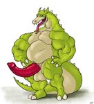  2_toes 3_fingers anthro balls bulge cuphead_(game) dragon erection grim_matchstick long_penis looking_at_viewer male musclegut muscular nude open_mouth penis presenting simple_background slightly_chubby smile solo toes tongue tongue_out uniparasite 