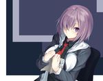  book fate/grand_order fate_(series) hair_over_one_eye karakura looking_at_viewer mash_kyrielight necktie purple_eyes purple_hair red_neckwear short_hair solo upper_body 