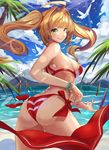  :q ass beach bikini bird blonde_hair blue_sky cowboy_shot day fate/extra fate/grand_order fate_(series) from_behind green_eyes halterneck long_hair looking_at_viewer looking_back mkd78236 mountain nero_claudius_(fate)_(all) nero_claudius_(swimsuit_caster)_(fate) ocean outdoors palm_tree sarong side-tie_bikini sky smile solo striped striped_bikini swimsuit tongue tongue_out tree twintails 