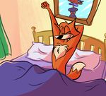  anthro bed canine chest_tuft eyes_closed fox fur hi_res humongous_entertainment inside ladysomnambule male mammal muscular nude on_bed solo spy_fox spy_fox_(series) tuft waking_up 