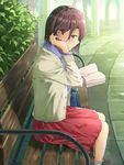  bag bench blush book brown_eyes brown_hair bush cardigan collared_shirt from_side highres looking_at_viewer open_book original shirt sitting skirt socks solo stone_walkway sugi87 white_legwear 