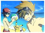  ball baseball_cap beach beachball black_hair day expressionless eyewear_on_head gen_1_pokemon hat multiple_boys ocean one_eye_closed ookido_green orange_hair pikachu pokemon pokemon_(creature) pokemon_(game) pokemon_sm red_(pokemon) red_(pokemon_frlg) short_hair smile sunglasses yoyterra 