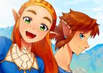  1girl :d blonde_hair blue_eyes braid commentary day earrings eyebrows green_eyes hair_ornament hairclip highres jewelry link long_hair looking_at_viewer mountain open_mouth outdoors pointy_ears princess_zelda rv_(gvdn7245) self_shot short_ponytail sky smile the_legend_of_zelda the_legend_of_zelda:_breath_of_the_wild thick_eyebrows 