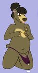  anthro balls bear claws clothing crocodilianbooty cum erection fur hair hi_res kneeling male mammal manbun overweight penis simple_background smile solo stripper sun_bear thong tongue 