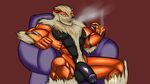  2013 5_fingers abs anthro arcanine balls bedroom_eyes biceps big_balls big_muscles big_penis black_fur canine casual_nudity chair chest_tuft cigar circumcised fur green_eyes half-closed_eyes inviting looking_at_viewer male mammal manly multicolored_fur muscular muscular_male nintendo orange_fur pecs penis pok&eacute;mon pok&eacute;mon_(species) pubes quads renthedragon seductive simple_background sitting smoking solo tuft two_tone_fur video_games 