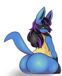  2017 anthro bent_over big_butt black_hair blue_fur brown_eyes butt canine clothing digitalpelican fan_character fur girly hair hi_res huge_butt legwear long_hair looking_at_viewer looking_back lucario male mammal multicolored_hair nintendo nude pok&eacute;mon pok&eacute;mon_(species) portrait purple_hair rear_view simple_background smile solo thick_thighs thigh_highs three-quarter_portrait two_tone_hair vetom video_games wide_hips 