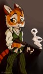  2017 absurd_res anthro carpetwurm clothed clothing feline freckle_mcmurray fully_clothed fur gun hi_res lackadaisy male mammal open_mouth orange_eyes orange_fur pants ranged_weapon shirt signature smoke solo striped_clothing submachine_gun thompson_gun tiger weapon webcomic 