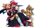  2girls adell_(disgaea) animal_hat artist_name back_bow black_dress blonde_hair bow breasts cat_hat cleavage couple dancing demon_girl demon_wings disgaea dress earrings eye_contact gloves goggles goggles_on_head hat highres jewelry looking_at_another makai_senki_disgaea_2 medium_breasts midriff multiple_girls navel necklace necktie paw_boots paw_gloves paws pointy_ears popped_collar red_hair ribbon ring rozalin scar shawl short_shorts shorts simple_background smile stomach talez01 thief_(disgaea) white_background wings 