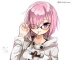  chibirisu coat commentary_request dated eyebrows_visible_through_hair fate/grand_order fate_(series) food glasses hair_over_one_eye looking_at_viewer mash_kyrielight pocky pocky_day purple_eyes purple_hair short_hair solo twitter_username 