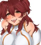  1girl armlet bare_shoulders blush close-up earrings eyebrows_visible_through_hair eyelashes fang freckles gundam gundam_00 gyoi halter_top highres huge_breasts large_breasts long_hair messy_hair nena_trinity red_hair simple_background solo teeth tongue tongue_out two_side_up white_background yellow_eyes 