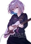  artist_name asuzemu bangs black_serafuku blurry closed_mouth commentary_request electric_guitar guitar hair_over_eyes holding holding_instrument instrument music neckerchief original playing_instrument purple_eyes purple_hair school_uniform serafuku signature simple_background smile solo white_background 