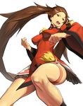  breasts brown_eyes brown_hair china_dress chinese_clothes clenched_hands dress fighting_stance from_below guilty_gear guilty_gear_xrd hair_ornament hairclip highres impossible_clothes impossible_dress kuradoberi_jam long_hair medium_breasts miniskirt red_dress skirt solo thigh_strap very_long_hair white_background wide_sleeves zaki_(narashigeo) 