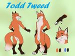  4_toes animal_genitalia anthro balls black_ears canine clothing crash_azarel digitigrade fingerless_gloves fluffy fox fur gloves hi_res looking_at_viewer male mammal model_sheet nude one_eye_closed orange_fur paws rear_view sheath simple_background slim solo standing todd_tweed toes wink 