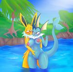  anthro big_breasts blue_skin blush breasts eeveelution female fur grass grope iguanasarecool jolteon male male/female nintendo nipples outside pok&eacute;mon pok&eacute;mon_(species) pussy river tree vaporeon video_games water wet yellow_fur 