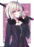  ahoge black_dress black_jacket breasts coat covered_nipples dress eyebrows_visible_through_hair fate/grand_order fate_(series) fur-trimmed_coat fur_trim highres holding holding_sword holding_weapon jacket jeanne_d'arc_(alter)_(fate) jeanne_d'arc_(fate)_(all) jewelry long_sleeves looking_at_viewer medium_breasts necklace over_shoulder short_hair silver_hair solo sword tanaji twitter_username upper_body weapon weapon_over_shoulder wicked_dragon_witch_ver._shinjuku_1999 