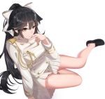  1girl absurdres animal_ears azur_lane bangs black_footwear black_hair blush bow breasts brown_eyes eyebrows_visible_through_hair gloves hair_bow hair_flaps hand_up henz_(86551650) highres large_breasts long_hair looking_at_viewer military military_uniform miniskirt pleated_skirt ponytail ribbon shoes simple_background skirt solo takao_(azur_lane) thighs uniform very_long_hair white_background white_bow 