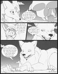  anthro canine comic dialogue female feral fox macro male mammal monochrome s2-freak wolf 