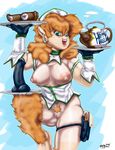  beverage breasts casual_nudity clothed clothing coffee dildo facing_viewer female freckles gnaw hair halfling holding_object humanoid lilac long_hair not_furry partially_clothed pubes pussy red_hair sex_toy smile waiter 